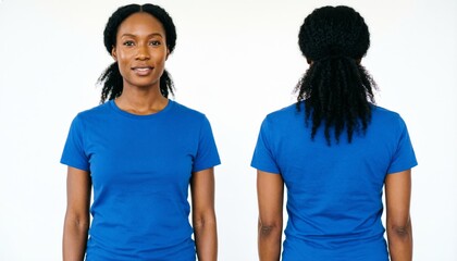 Fototapeta premium Woman Wearing Blue T-Shirt Front and Back View