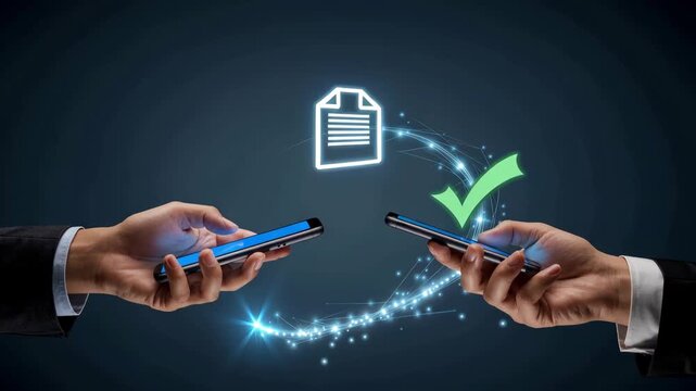 Digital Data Transfer: Illustrating seamless file sharing between two smart devices, hands exchange digital data, symbolized by a document icon and a check mark.