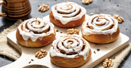 Fototapeta premium Cinnamon Rolls with White Icing on Wooden Board