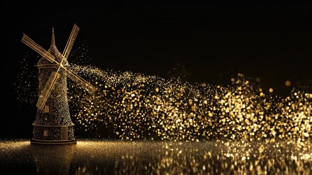 A detailed golden windmill with sparkling lights on a dark background reflecting the illuminated image