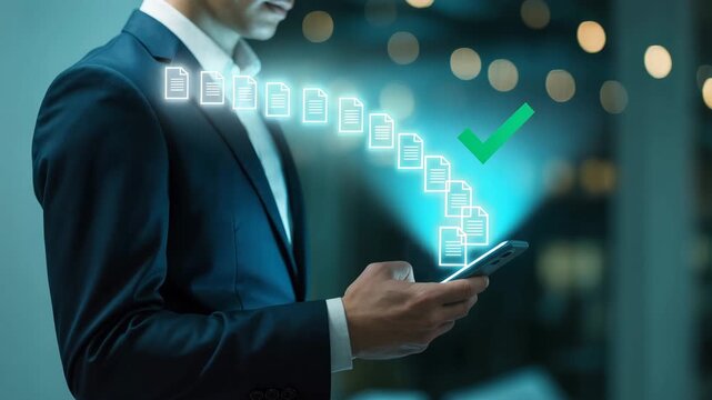 Digitized Approval: A professional in a sharp suit examines a series of digital documents on his smartphone, the scene illuminated by a glowing green check mark.