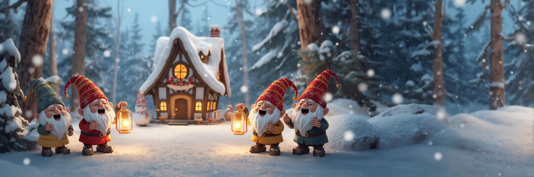 Cute cartoon gnomes with lanterns near a house in the winter forest