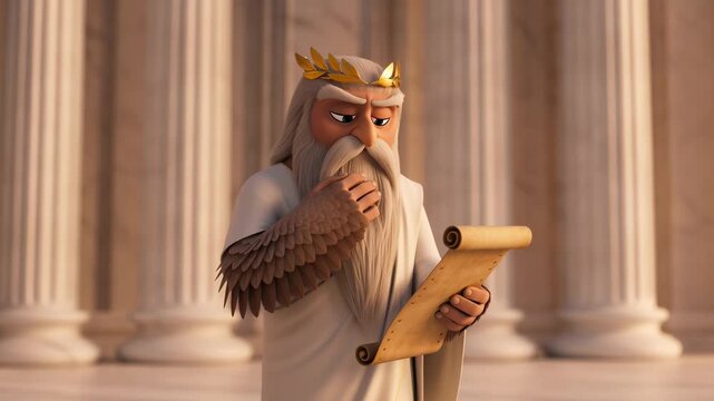 Animated zeus character reading a scroll inside the ancient greek temple with stone columns,cartoon style,god of olympus