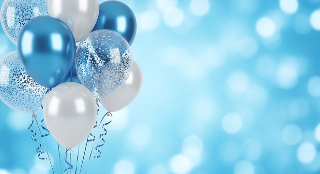 Cluster of blue, white, and confetti balloons against a soft, blurred light backdrop