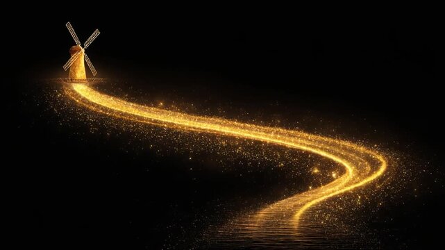 A golden, sparkling path, illuminated from a windmill with dark background, reflecting in water