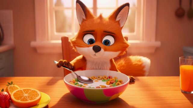 Cartoon fox enjoying a bowl of cereal at breakfast with orange juice in a sunny kitchen,animated character scene
