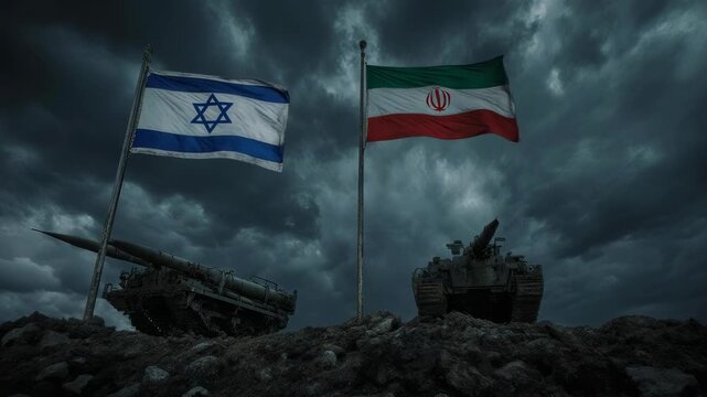 Israel and Iran flags under stormy sky, missile launcher and tank below, symbolic military tension and confrontation.