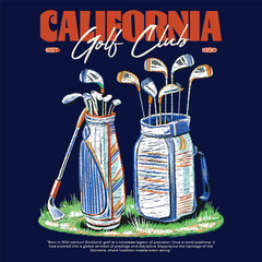 California Golf Club Vintage T-Shirt Design with Golf Bags Illustration, Retro EST 1990 Sport Apparel Graphics, Luxury Golfing Heritage Vector for Print on Demand and Streetwear. © MdAlImran