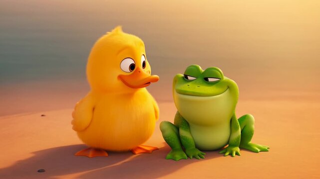 Cute cartoon duckling and smiling frog animated friendship on a sunny day rendered in high quality detail for creative projects