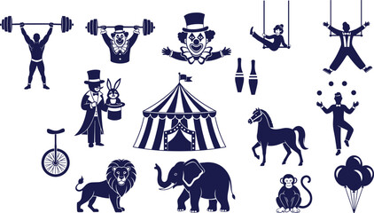 Circus performers and animals silhouette collection, vintage carnival icons with clown magician acrobat tent and strongman vector illustration set isolated © Motakabir