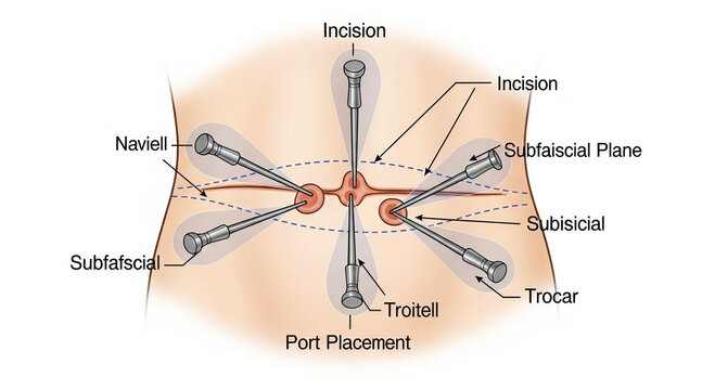 Bariatric surgery concept Laparoscopic surgery port placement diagram with incisions and trocars