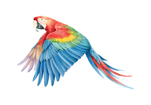 Tropical parrot gliding with vibrant wings in soft watercolor wash. Exotic rain forest parrot with wings extended in natural watercolor.