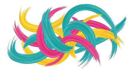 Colorful, curved brushstrokes of turquoise, yellow, and pink, creating an abstract, dynamic design