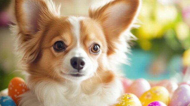 A brown and white dog sitting among Easter eggs, a fun and playful scene