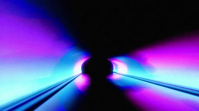 Tunnel of Light: An abstract perspective of a tunnel with a dark center illuminated by a gradient of vibrant blue and purple lights.
