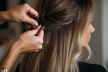 Fototapeta premium Seamless clip-in hair extensions application process, step-by-step demonstration, natural hair blending