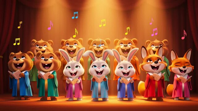 Animated choir performance featuring bears rabbits and foxes singing under stage lights with floating musical notes above