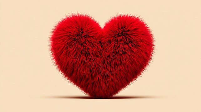 Red fur heart illustration sits alone on a bright backdrop.