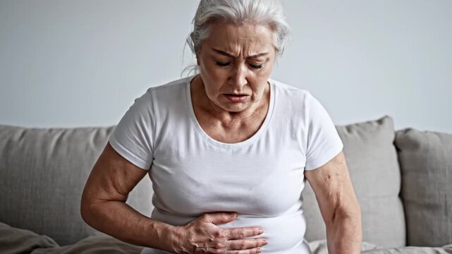 An elderly woman sits in visible discomfort, clutching her stomach with a pained expression. Her grey hair and wrinkled features convey a sense of distress and unwellness. The scene captures the physi