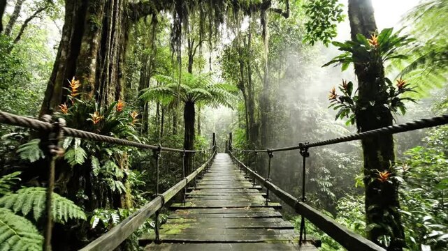 An immersive perspective captures a rustic wooden suspension bridge, stretching into the dense, verdant heart of a tropical rainforest. Lush green foliage, towering trees, and hanging vines create an 