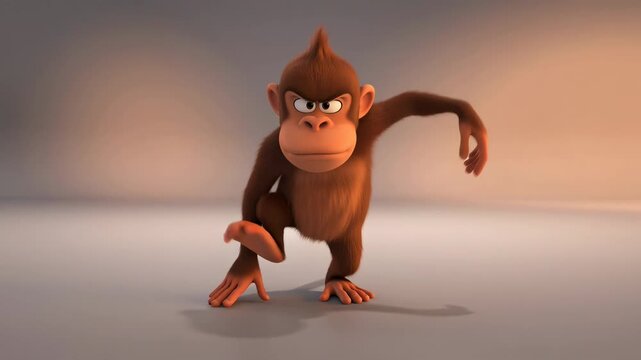 Grumpy cartoon monkey balancing in a funny stance animated and rendered with detailed fur for cartoon style project presentation with clear background