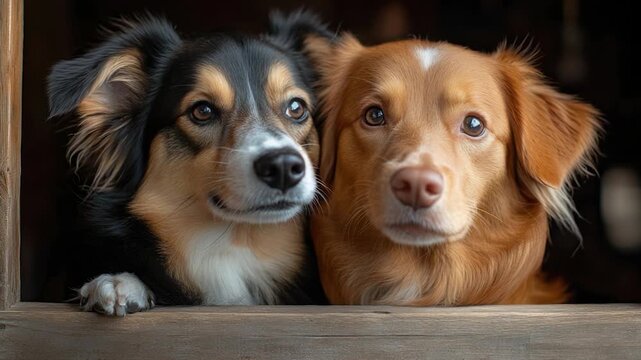 Close-up of two dogs sitting side by side