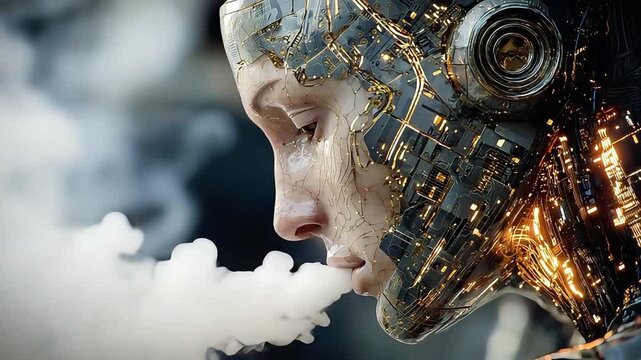 A striking portrait of a robotic face, conveying the intersection of humanity and artificial intelligence. Ideal for illustrating concepts of future t