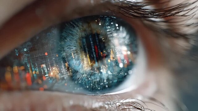 A striking close-up of an eye reflecting complex data visualization. Perfect for illustrating concepts of artificial intelligence, cybersecurity, and 