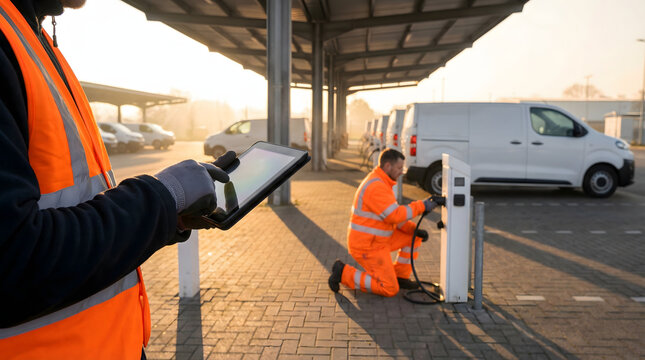 commercial electric vehicle fleet charging station with technicians in orange safety vests using digital tablet to monitor white delivery vans at sunrise industrial transport