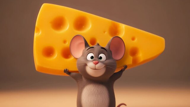 Happy animated mouse carrying a large piece of cheese cute cartoon character animation with playful expression and background for kids content