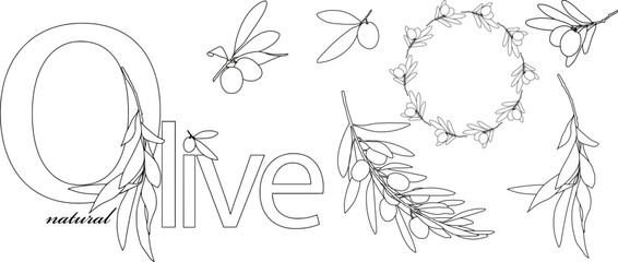 Set of olive branches in line art style with a round frame and logo © Светлана Кушнир