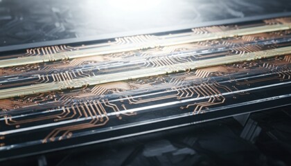 Obraz premium Microscopic view of copper interconnects on a technology circuit board, showcasing intricate electronic pathways