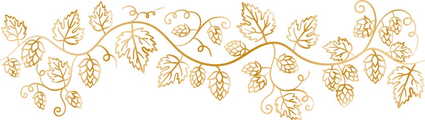 hand drawn golden hop plant border with beer cones and leaves floral vine decorative divider for craft brewery branding © pani_Nadichka