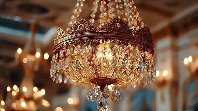 A luxurious chandelier radiates warmth and sophistication. Ideal for illustrating concepts of opulence, classic design, or upscale interiors in market