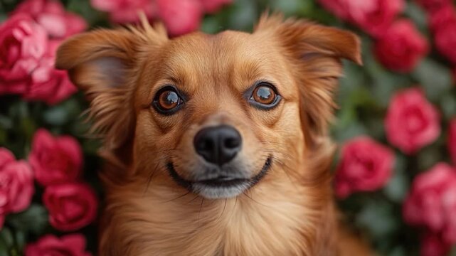 A brown dog surrounded by a bed of pink flowers, perfect for a spring or Easter-themed