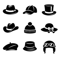 black hat icons in silhouette style on white background