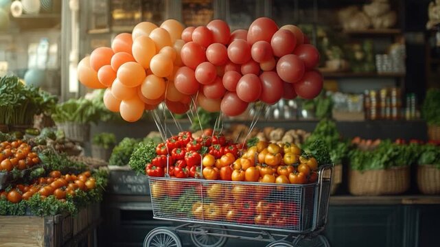 A colorful shopping cart filled with many balloons, perfect for parties and celebrations