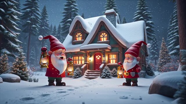 Cute cartoon gnomes with lanterns near a house in the winter forest
