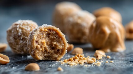Peanut butter balls partially uncoated, showing peanut mixture texture, editorial macro photography