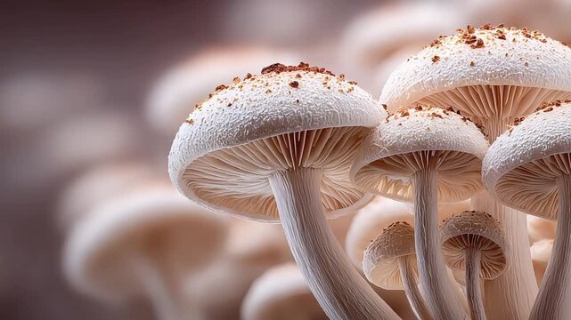A serene macro shot of white mushrooms growing in a woodland setting. Perfect for illustrating nature, organic themes, or wellness content.