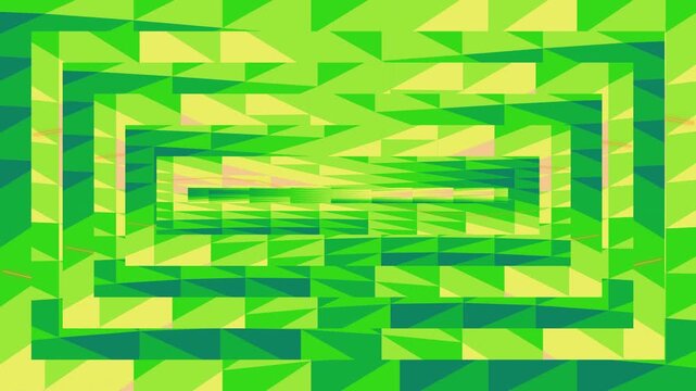 A vibrant green abstract background with layered geometric shapes and a central tunnel effect