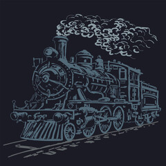 Obraz premium An old vintage steam locomotive with steam and smoke on a dark background. Vector illustration in gray and dark tones for design in a style inspired by the energy and power of metal and steam.