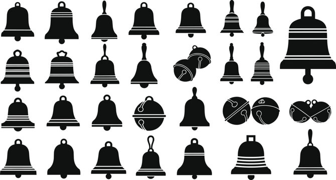 Large Collection of Black Bell Silhouettes Featuring Church Bells Handbells Sleigh Bells and Jingle Bells for Christmas Decoration and Graphic Design
