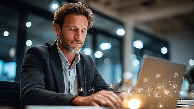 A determined businessman is deeply engaged with his laptop, overlaid with a glowing network graphic. Ideal for illustrating modern business, technolog