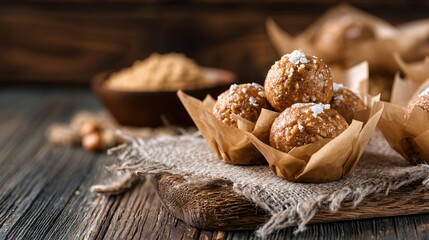 Peanut butter balls served in small parchment paper cups, rustic bakery aesthetic, photographed on reclaimed wood with warm tones