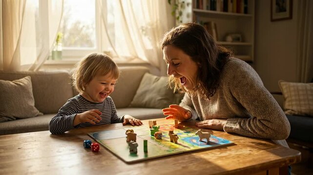 Laughing child caregiver playing animal board game with wooden figurine cozy sunlit living room