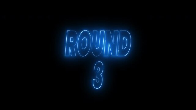 Round 3 and round 4 text animation in glowing blue neon on black. 4k animated typography Perfect for sports events, game nights, tournaments, and competition promotions.
