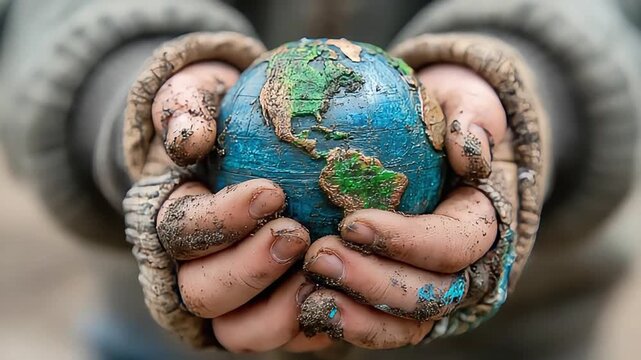 A powerful image depicting a pair of dirty hands cradling a miniature Earth globe. It evokes themes of environmental responsibility and the delicate n