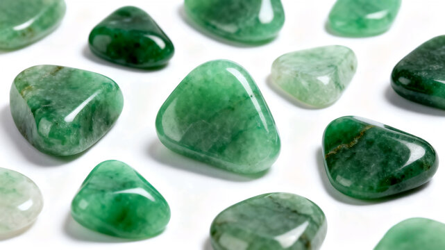 Multiple smooth green jade tumbled gemstones in various shades. Natural polished stones for crystal healing, meditation, and decorative use.