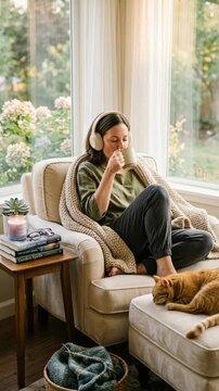 Cozy woman with headphones sipping coffee armchair wrapped blanket with cat by window serene morning